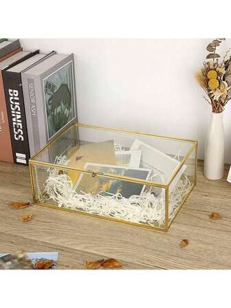 1pc Large Gold Glass Storage Box, Makeup & Jewelry Organizer For Vanity Tabletop