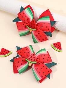 2PCS Girls Watermelon Bow Hair Clips, Cute Watermelon Print Bow Hairpins, Girls Fashion Red Hair Bows, For Daily And Party, Hair Accessories - Multicolor - View 4