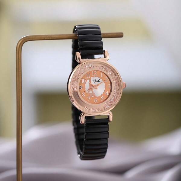 1 pièce Montre à quartz élégante et à la mode pour femmes, avec boîtier en acier inoxydable, cadran rond avec affichage de diamants, bracelet élastique, pratique à porter, convient pour la décoration quotidienne et les cadeaux