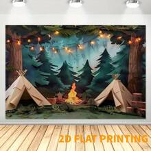 2D 1pc Photography Camping Backdrop - Forest Scene With Tent, Campfire And String Lights - Great For Parties, Photo Booths And Event Decor, Camping Theme Decoration, Multifunctional Decor, Camping Accessory