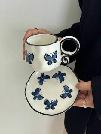 1pc Blue Butterfly Ceramic Coffee Mug & Saucer, Handmade Vintage Style Korean Ins Mug, High-Quality Fresh Breakfast Milk Cup, Office Water Cup, Tea Cup, Suitable For Home, Party, Gift