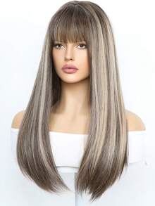 SMILCO 24-Inch Women's Wig, Long Straight Hair With Straight Bangs, Brown Highlights, High-Temperature Silk, Comfortable And Breathable, Suitable For Daily Wear - 挑染棕色 - 查看 9