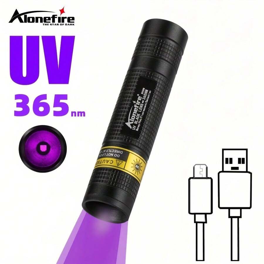 Alonefire Senter LED UV Mini 365nm Kecerahan Tinggi Lampu Hitam Isi Ulang USB Genggam Saku Lampu Inspeksi Ultraviolet Kecil Penanda Tinta Tak Terlihat Lampu Kuku Lampu Pengeringan Noda Hewan Peliharaan Penanda Kebocoran Mineral Koin Kalajengking Lampu Deteksi Fluoresensi SV108