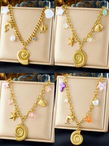 1 Acessório Pendente Fashionable Banhado a Ouro com Concha, Estrela, Vieira, Sol, Golfinho, com Corrente Grossa de Aço Inoxidável