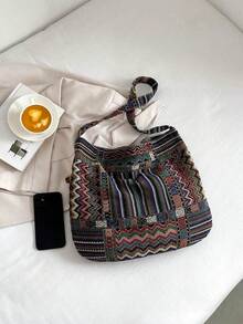 New Casual Women's Shoulder Bag, Fashion Plaid Pattern Linen Shoulder Bag, Random Striped Pattern - Multicolor - View 4