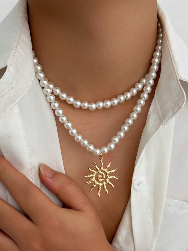 2pcs/Set Men's Pearl Beaded Sunflower Shaped Alloy Pendant Necklace Set, Versatile Style