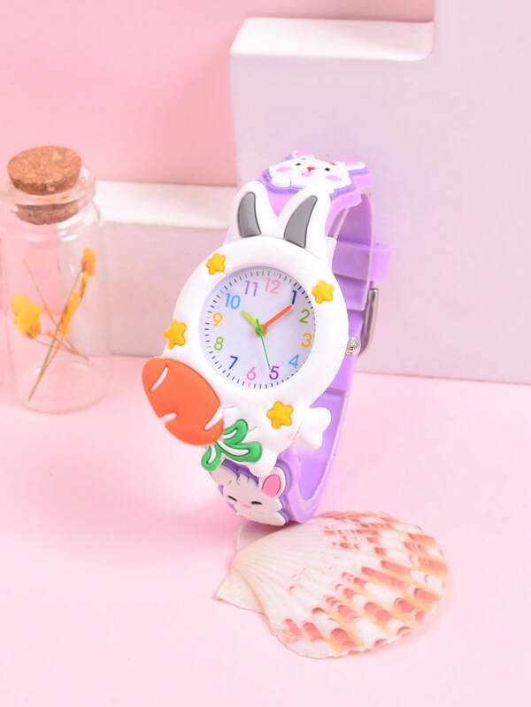 Girls' Gift 3D Soft Silicone Strap Cartoon Rabbit Student Pointer Watch, Girls' Personalized Creative Carrot Rabbit Quartz Wristwatch