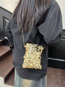 1 件绗缝 PVC 亮片小袋，时尚闪光零钱包/手机壳女士派对手拿包，带可拆卸链条，时尚闪光斜挎包适合女性派对活动 - 金色 - 查看 5