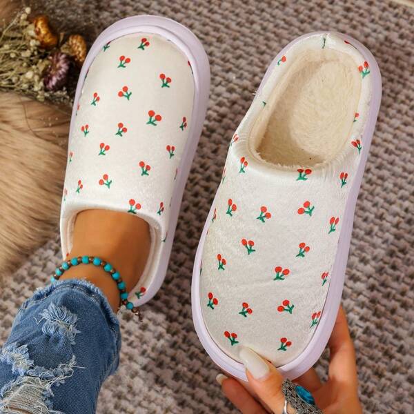 Chaussons de maison polyvalents à bout rond pour femmes, glissant facilement, chauds et confortables, design cerise, convenant pour la maison toute l'année