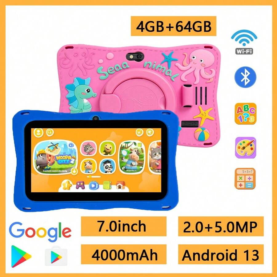 Máy tính bảng học tập điện tử tương tác cho trẻ em, Hệ điều hành Android 13, Phần mềm dành cho trẻ em được cài đặt sẵn, Pin dung lượng lớn 4000mAh, Hỗ trợ WiFi, Kiểm soát của phụ huynh, Trò chơi giáo dục, 4GB+64GB, (Bao gồm: Hộp đóng gói, Cáp dữ liệu, Sách hướng dẫn, OTG, Kim cắm thẻ) - Nhiều màu - Xem 1