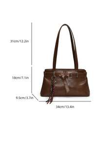 Fashionable Women Tote Bag, Solid Color Minimalist PU Leather Retro Style, Suitable For Dating, Shopping, Versatile, With Keychain Pendant - Brown - View 3