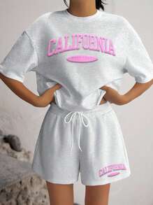 2pcs/Set Plus Size Women Casual Round Neck T-Shirt And Drawstring Pocket Shorts Co-Ord Set