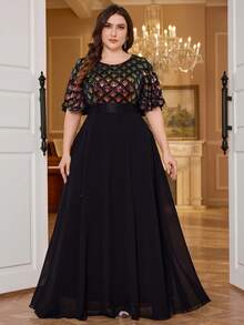 UNITHORSE Polyester Regular Round-Neck Dress,Sequin Patchwork Design Chiffon Brideamaid Dresses - Black - View 4