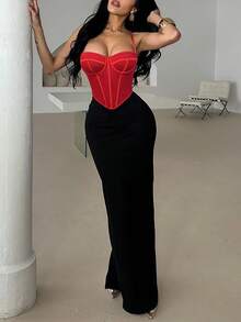 Apperloth A Y2K Sexy Red Corset Boned Going Out Tops For Women Mesh Grommet Eyelet Lace Up Back Backless Adjustable Straps Overbust Bustier Shapewear Crop Cami Tank Top Rave Festival Outfits Halloween Costumes Christmas Clothes - 紅色 - 查看 4