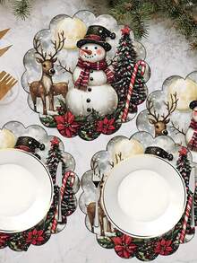 2/4/6/8 Stücke Weihnachtssplatzdeckchen Set - runde Polyester Platzdeckchen mit Schneemann & Rentier Design, gewebt, rutschfest, 35cm runde Polyester Platzdeckchen, hitzebeständig, nur Handwäsche, geeignet für Essens- und Partydekorationen das ganze Jahr über, robust für Outdoor Weihnachtsmahlzeiten und Heimdekoration