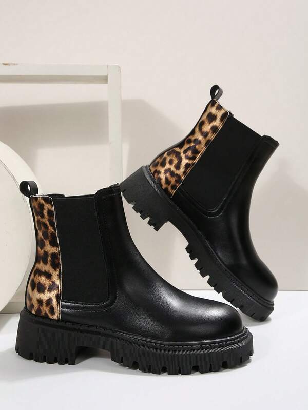 Women's Black Chunky Heel Fashionable & Comfortable Ankle Chelsea Boots, Elastic PU Leather Casual Short Boots, Upgraded Craftsmanship Design, Increased Foot Comfort, Leopard Print Contrast Color Fashion Design, Highlighting Elegant And Intellectual Beauty, Classic Versatile, Essential Black Short Boots For Autumn/Winter Season