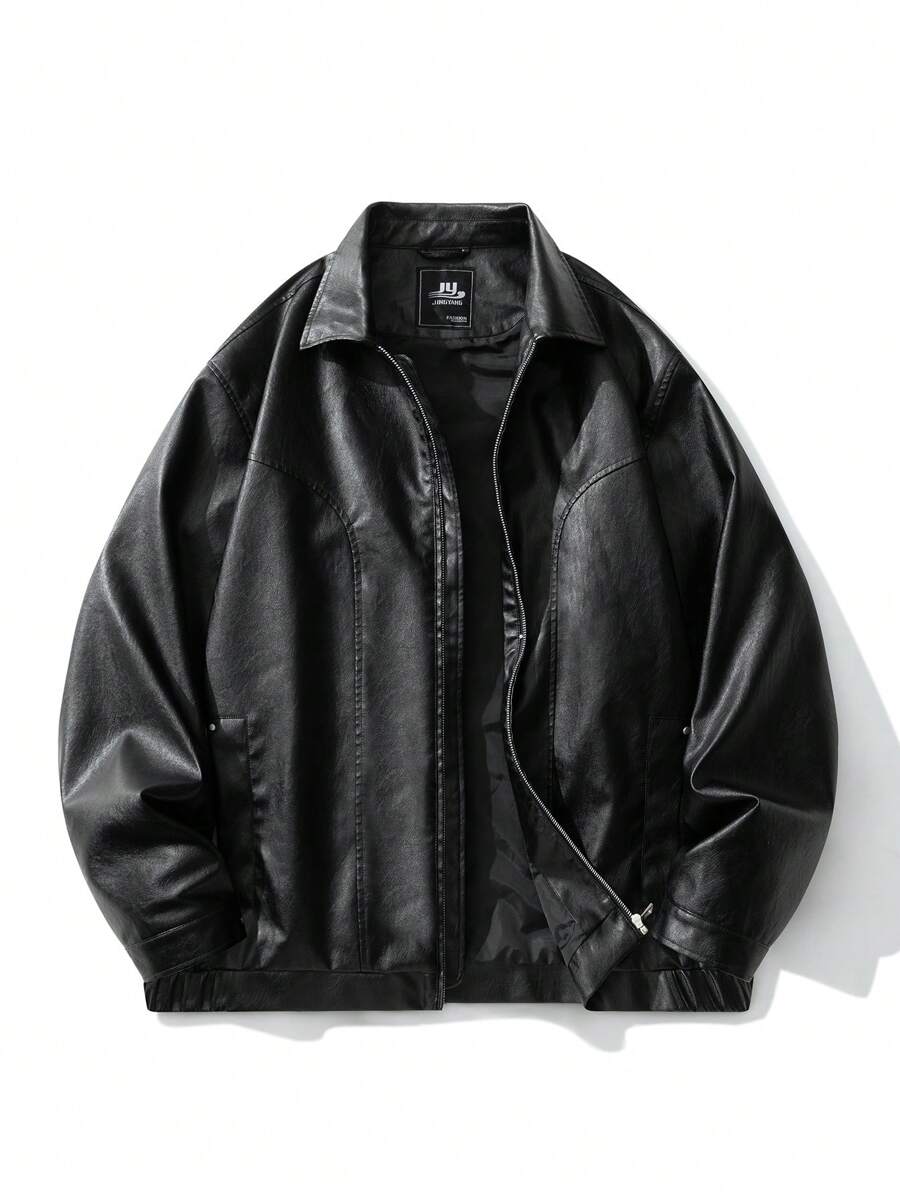 Plus Size PU Leather Jacket, Black Lapel Biker Leather Coat, Suitable For Autumn & Winter