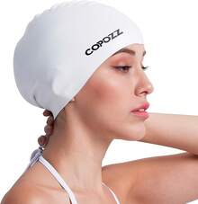 COPOZZ Gorro de natación para Adultos, de Silicona, Impermeable, cómodo, para Cabello Largo y Corto - Blanco - Ver 13