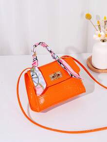 1pc Girls Mini Solid Color Cross-Body Bag, Scarf Decor Handbag, Suitable For Daily Use, Ideal Gift - Orange - View 4