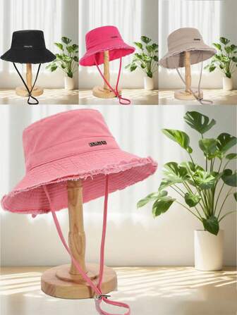 1 pieza Sombrero de pescador con logotipo metálico estilo coreano, versión desgastada de color rosa vintage, sombrero para exteriores y senderismo para damas, ala ancha, estilo de moda para resort, adecuado para uso en la playa, temporada de regreso a clases