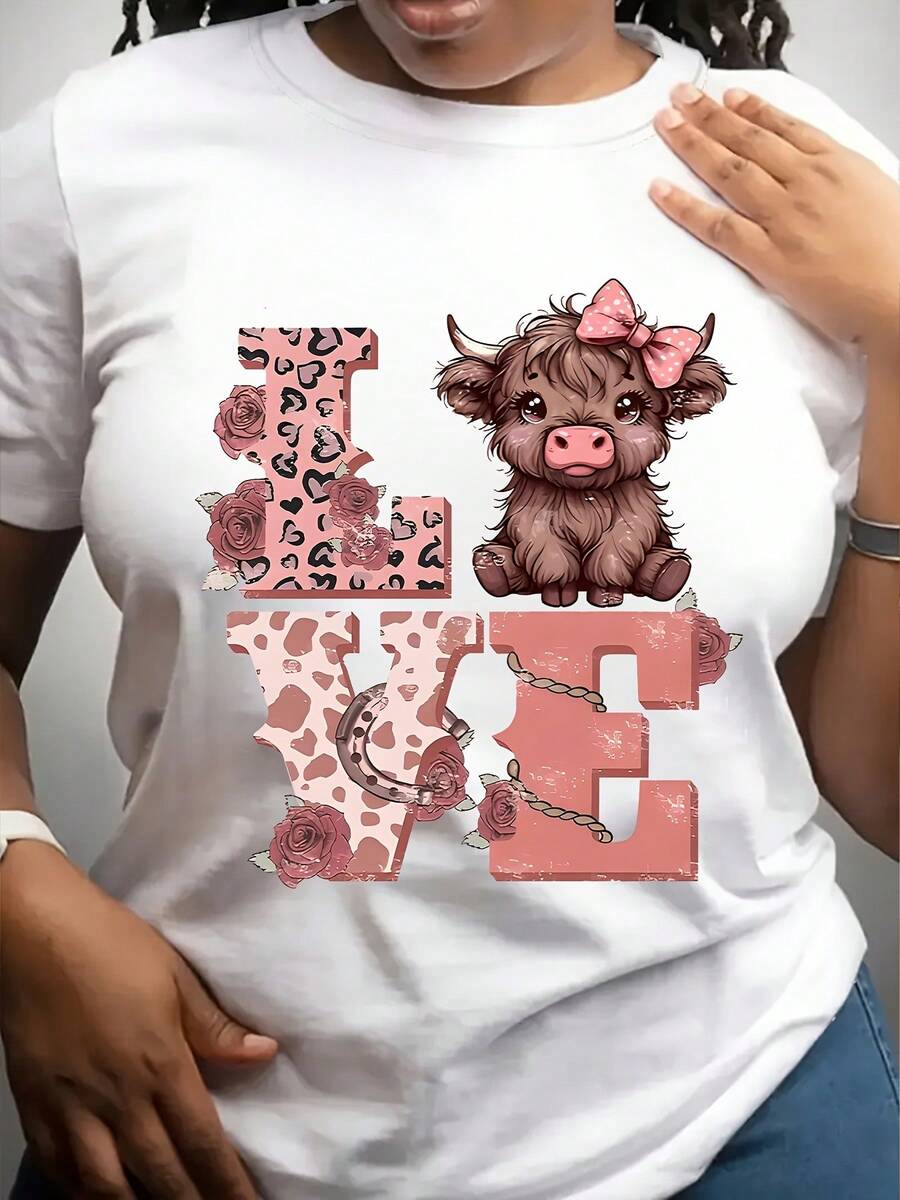 Plus Size Women's Highland Cow Shirt, Casual Crew Neck T-Shirt With Funny Highland Cow Graphic, Just A Girl Who Love Cow Short Sleeve For Daily Wear, Great Gift For Highland Cow Fans & Farm Highland Cow Mom, Ladies' Daily Wear Casual Style For All Seasons - 白色 - 查看 1