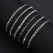 6 件/套简约不锈钢链式手链，男女皆宜，适合度假、派对、约会、送礼、日常穿着，男女通用 - 鋼色 - 查看 7