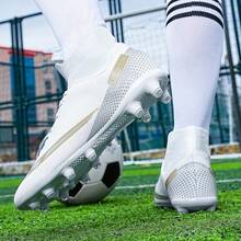 Chuteiras de futebol de salão para homem, confortáveis, antiderrapantes e respiráveis, de cano alto, ideais para treinos profissionais e jogos; Chuteiras AG com travas longas para relva artificial/grama natural, adequadas para homens e mulheres. - Branco - Ver 4