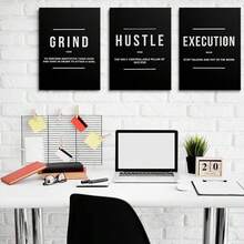 GUBIYU Black Hustle Grind Execution Wall Art Set Of 3 Framed Canvas Office Inspirational Motiviational Wall Decor Art Positive Quotes Posters Living Room Pictures Walls Decor Mens Guys 12x16 - Áp phích Black Hustle - Xem 3