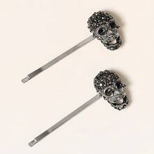 2pcs Gothic Style Skull Hair Clips - Vintage Rhinestone Decor All-In-One Design, Suitable For Halloween Party Outfits, Bold Color Hair Clips For Women And Teens, Holiday Event Accessories, Metal Texture Hair Clips, Durable Hair Pins