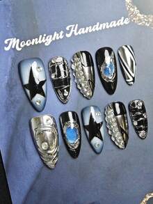 10pcs Handmade Y2K Style Medium Almond Nail Tips, Featuring Black Gradient, Blue Gradient, Hand Drawn Pentagram, And Sparkling Diamond Nail Art Decoration. Suitable For Women To Wear At Parties, Dances, And In Daily Life. - 彩色 - 查看 2