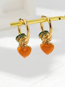 1 对铜合金马卡龙系列彩色珐琅三叶草、五叶草、滴釉几何圈时尚百搭女士耳环，DIY 耳环钩适合母亲节礼物 - 橘色 - 查看 3