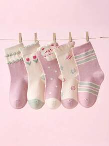 5 Pairs Tulip Bouquet & Rabbit Cartoon Sweet Skin-Friendly Soft Mid-Calf Socks, Suitable For Home, School, Outdoor Activities