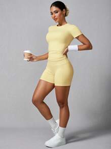 Women's Simple Solid Color Short Sleeve Shorts Sports Suit