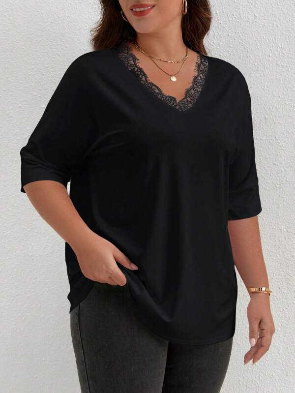 1pc Plus Size Lace Patchwork V-Neck Loose Drop Shoulder T-Shirt, Summer, Comfortable & Machine Washable