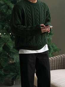 1pc Men's Christmas Sweater, Acrylic Knit Fabric, Green Fashionable Cable Knit Texture, Vintage Style For Home, Travel, School, Versatile, Excellent Gift For Men, Fall Winter, Grunge Style