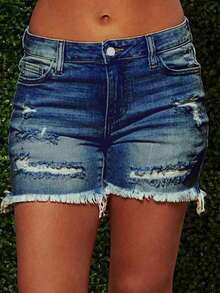 女士时尚破洞毛边弹力牛仔短裤（夏季） - 亮藍 - 查看 1