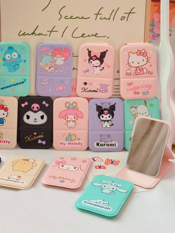 Sanrio 1 pièce Miroir de maquillage portable Sanrio en PU à rabat épais en forme de cœur de Kuromi / Hello chat, pratique pour le bureau