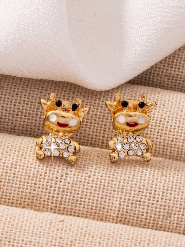 1 Pair Fashionable Delicate Rhinestone Decorated Cartoon Cow Unique Luxury Design Stud Earrings