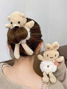1pc Women's Bear & Rabbit Decorated Hair Tie, Fashionable & Cute, Personalized Hair Scrunchies Accessory, Cartoon Style, Multifunctional Hair Decoration, Suitable For Daily Wear, Dates, And Gifts, Scrunchy Hair Ties, Hair Bobbles Ponytail