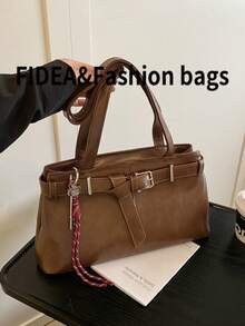 Fashionable Women Tote Bag, Solid Color Minimalist PU Leather Retro Style, Suitable For Dating, Shopping, Versatile, With Keychain Pendant - Brown - View 7