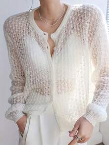 1 pieza Cárdigan de punto de unicolor con calado, suéter ligero de frente abierto, adecuado para té de primavera y otoño - Blanco - Ver 3