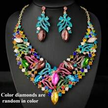 1 套奢华优雅女士珠宝套装，耳环、项链，3 件套镶有水钻，适合新娘、婚礼、派对佩戴