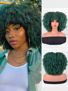Short Afro Kinky Curly Wig With Bangs For Women High Temperature Synthetic Hair Wig Curly Afro Wigs For Women - Curly Afro Wigs Black Wig For Women Brown Gold Gradient 12 Inch Replacement Wigs Party Use Natural Black Hair Carnival Cosplay Wigs - Màu xanh lá cây đậm - Xem 1