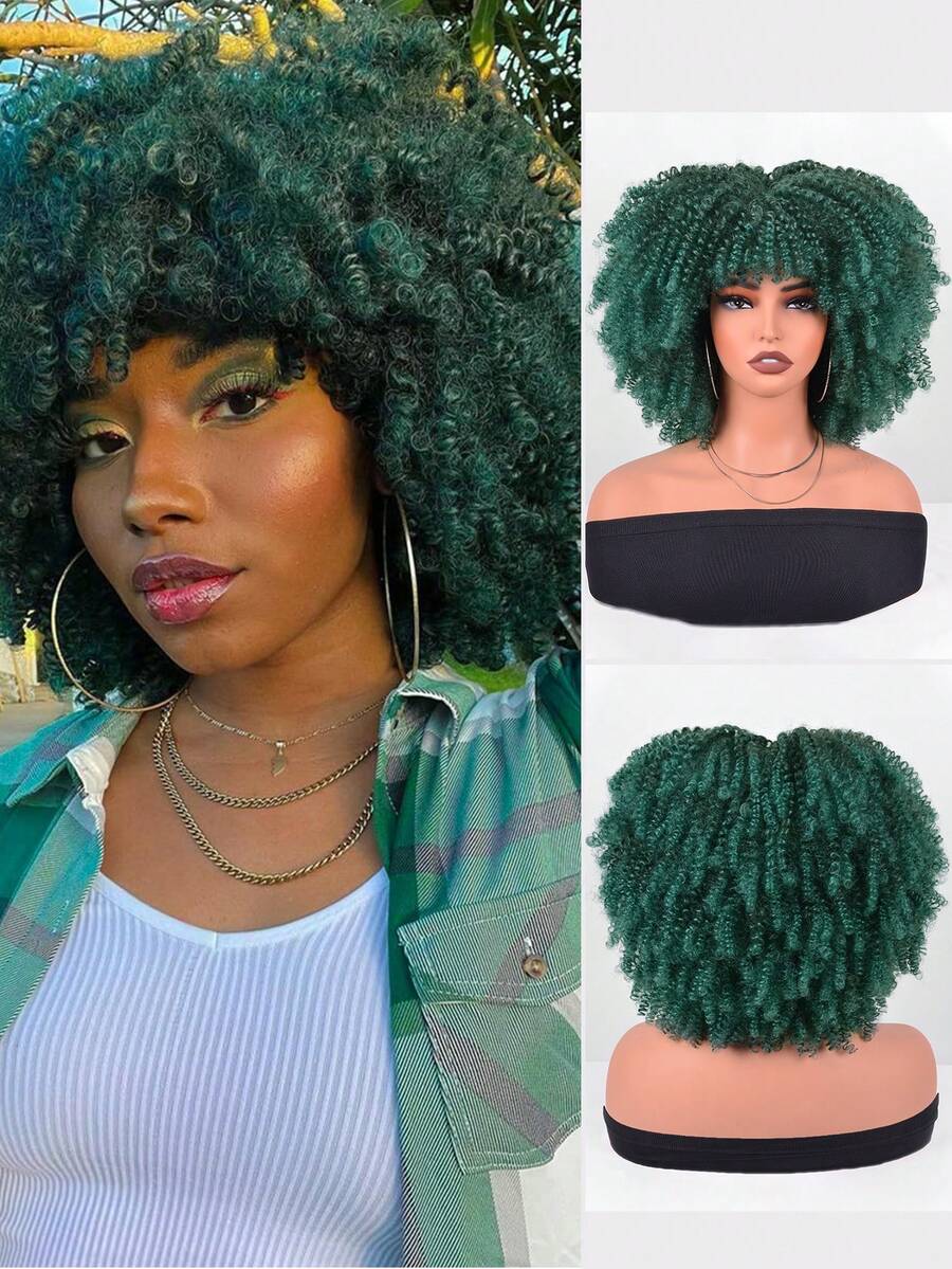 Short Afro Kinky Curly Wig With Bangs For Women High Temperature Synthetic Hair Wig Curly Afro Wigs For Women - Curly Afro Wigs Black Wig For Women Brown Gold Gradient 12 Inch Replacement Wigs Party Use Natural Black Hair Carnival Cosplay Wigs - Màu xanh lá cây đậm - Xem 1