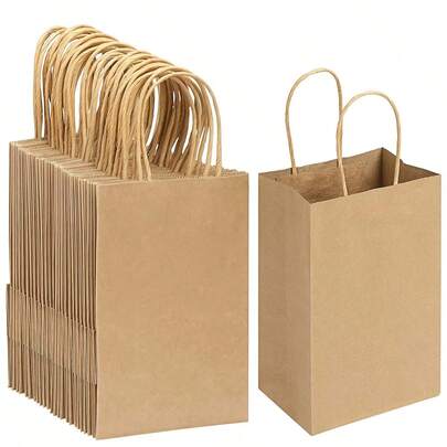 10/25个牛皮纸袋，圣诞礼品袋，礼品包装袋，带手柄的纸质礼品袋，适用于牛皮纸礼品袋，节日，新年，婚礼，生日糖果袋，派对礼物