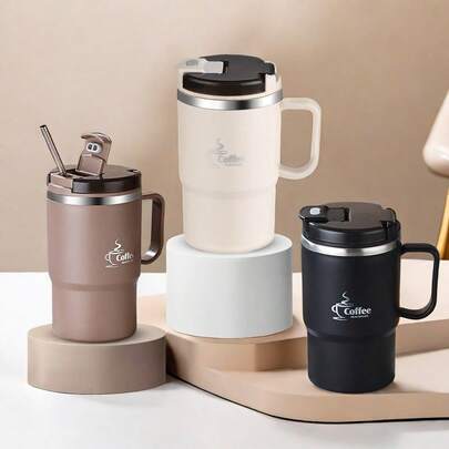 1pc 500/550ml 304 Stainless Steel Coffee Cup With Tea Strainer And Foldable Spoon, Double Wall Insulated Coffee Mug With Lid And Handle, Leak-Proof Tea/Water Tumbler, Suitable For Students And Adults At Home, School, Dorm, Office, Outdoor Camping, Picnic, Travel, Back To School