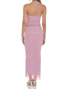 Women Sequin 2 Piece Set Tie-Up Halter Neck Open Back Crop Tops Low Rise Long Bodycon Skirt For Party Club - Hồng - Xem 7