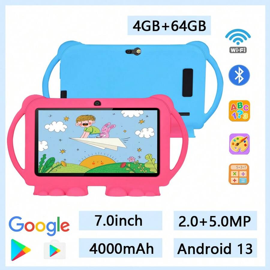 7-Inch KidsTablet/4GBRAM+64GB ROM/4-Core/Android 13/1280x800 IPS High-Definition Resolution IPS Screen/2MP+5MP Camera/4000mAh Large Battery/Supports WiFi Parental Control Educational Games/(Including: Packaging Box/Data Cable/OTG/Card Needle) - Multicolor - View 1