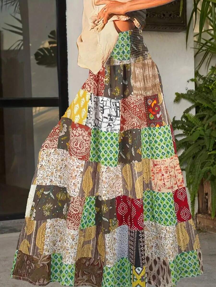 A Plus Size Women's High Waisted A-Line Skirt - Elegant Color Blocking Print And Geometric Pattern, Machine Washable Polyester Fabric, Non Stretch Smooth Fabric, Pleated Detail Design, Long Skirt For Spring, Summer And Autumn, Suitable For Casual Or Formal Wear, Versatile Styling, Fashionable Style - Nhiều màu - Xem 1