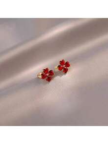 Simple And Compact Flower Earrings, Korean Version Four Leaf Flower Earrings, Simple And Elegant, Girls' Jewelry, Suitable For Girls, Give Gifts To Family And Friends - Đỏ - Xem 2